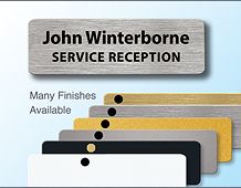 Metal panel badge 73x23mm executive style personalised over 2 lines