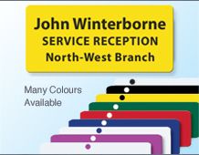 Colour metal panel badge 72x33mm with 3 lines of text