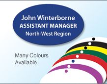 63x36mm panel badge in various colours with 3 lines of text